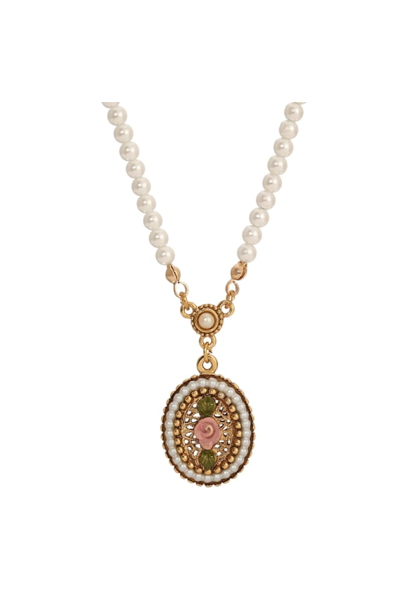 1928 Jewelry Pearly Eden 4mm Faux Pearl Strand Pink Rose Enamel Pendant Necklace For Women 14" + 3" Extender