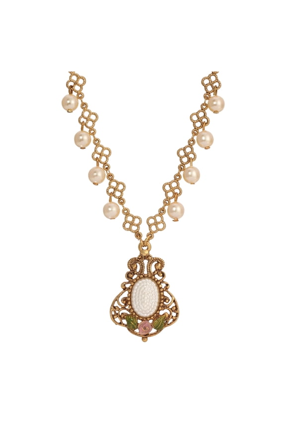 1928 Jewelry Pearly Eden Pink Rose Enamel Filigree Pendant Necklace 16" + 3" Extender