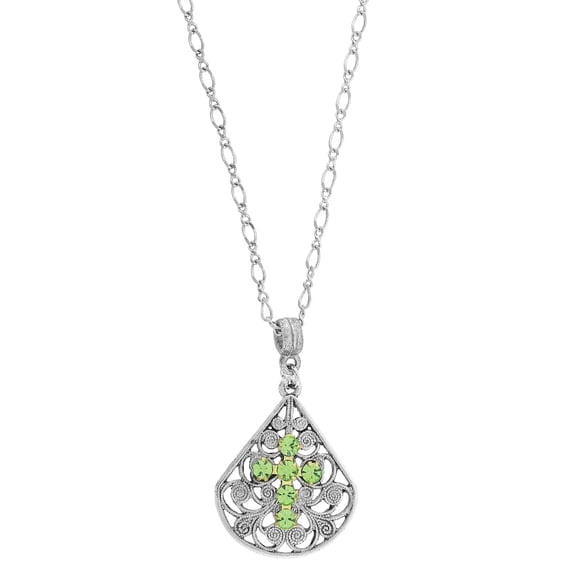 1928 Jewelry Peridot Green Crystal Cross Fan Filigree Teardrop Pendant Necklace For Women 16" + 3" Extender