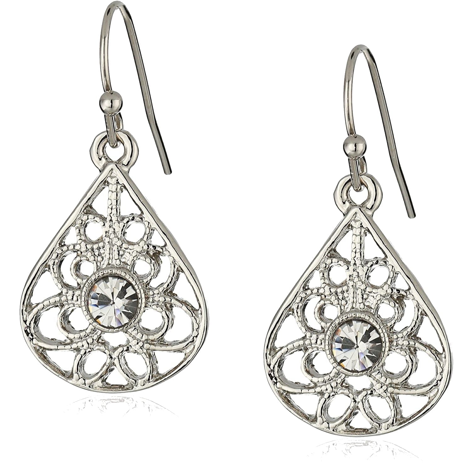 1928 Jewelry Petite Round Clear Glass Crystal Filigree Teardrop Earrings