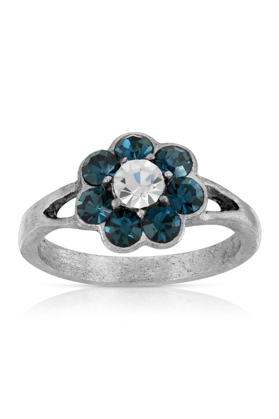 1928 Jewelry Pewter Clear And Dark Blue Crystal Flower Ring Size 7