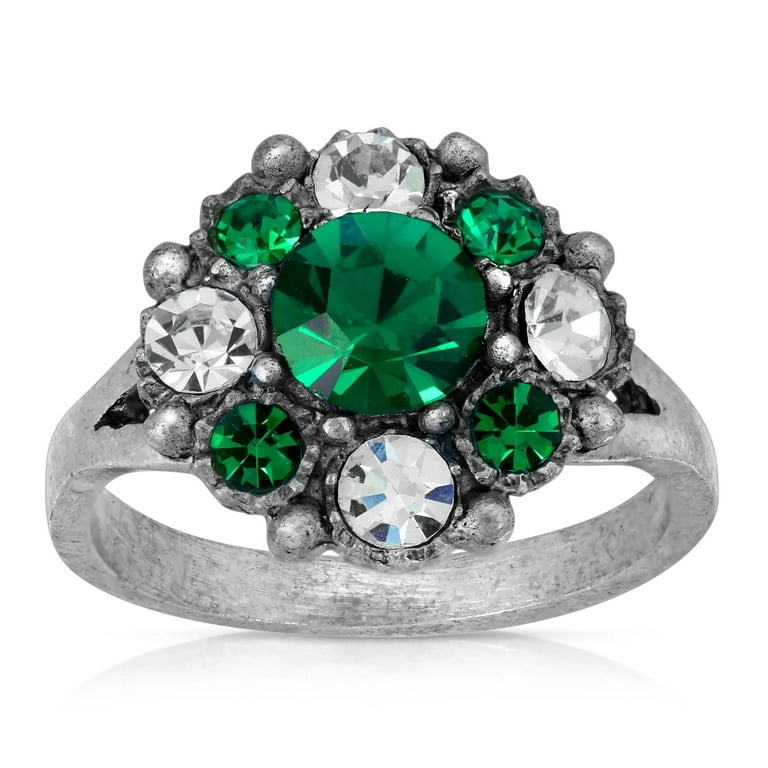 1928 Jewelry Pewter Dark Green And Clear Crystal Ring Size