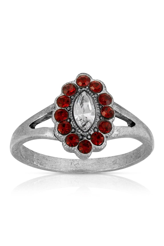 1928 Jewelry Pewter Diamond Shaped Crystal With Red Crystals Ring Size 7