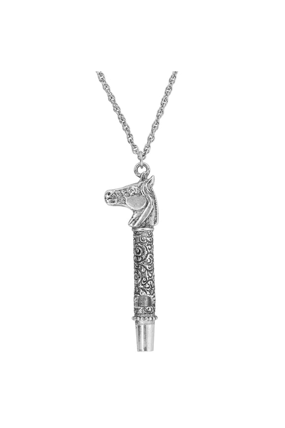 1928 Jewelry Pewter Horse Head Whistle Pendant Necklace For Women 30"