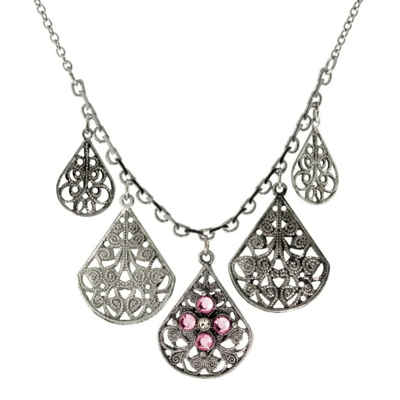1928 Jewelry Pewter Round Crystal Flower Multi Teardrop Necklace For Women 16" + 3" Extender, Pink