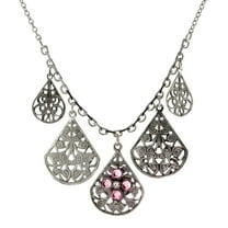1928 Jewelry Pewter Round Crystal Flower Multi Teardrop Necklace For Women 16" 3" Extender, Pink