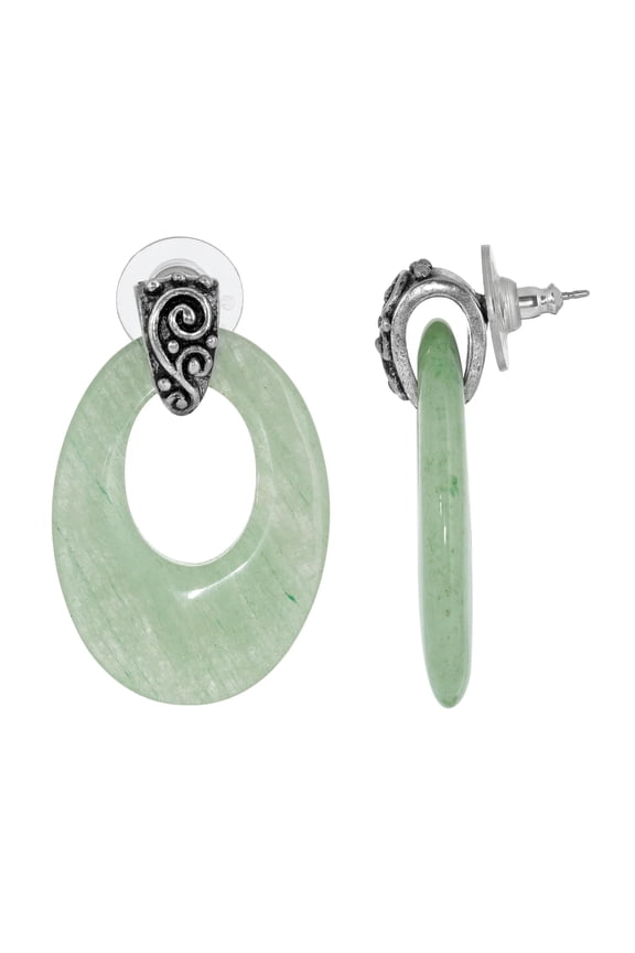 1928 Jewelry Pewter Semi Precious Oval Hoop Earrings (Green Aventurine)