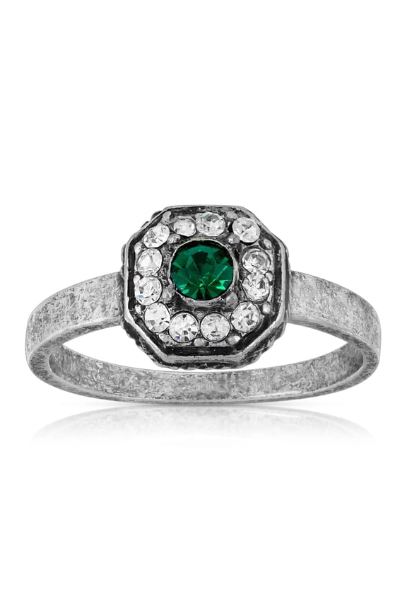 1928 Jewelry Pewter With Green And Clear Crystals Octagon Shaped Ring Size 7
