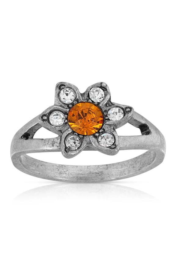 1928 Jewelry Pewter Yellow And Clear Crystal Floral Ring Size 7