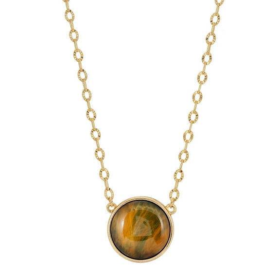 1928 Jewelry Pietra Rotonda Tigers Eye Cabochon Gemstone Pendant Necklace For Women 16" + 3" Extender