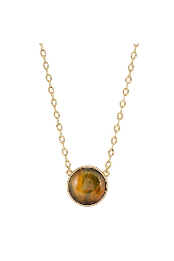 1928 Jewelry Pietra Rotonda Tigers Eye Cabochon Gemstone Pendant Necklace For Women 16" + 3" Extender