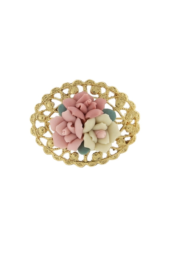 1928 Jewelry Pink And Ivory Genuine Porcelain Rose Cluster Filigree Pin