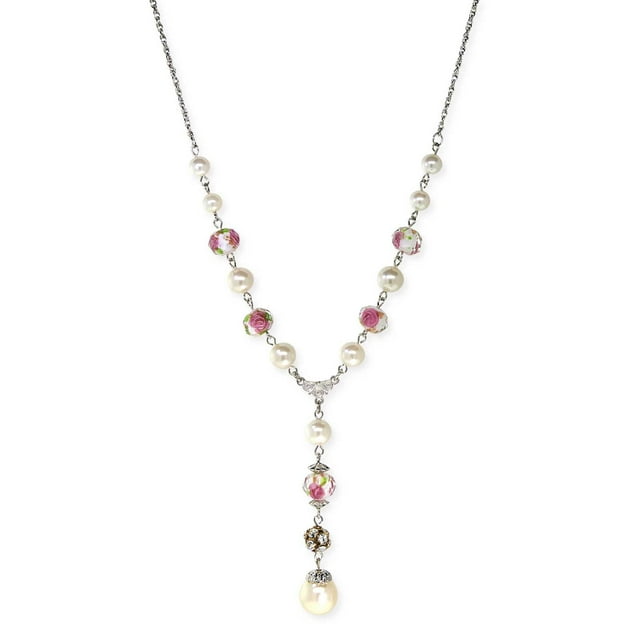 1928 Jewelry Pink Flower Bead Crystal Y-Necklace 16" + 3" Extender