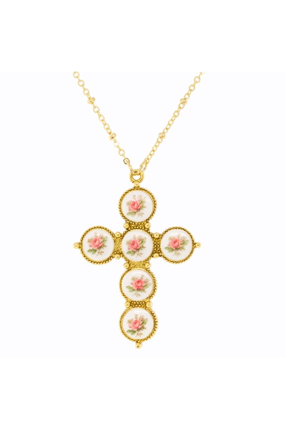 1928 Jewelry Pink Flower Decal Cross Pendant Necklace For Women 30 Inches