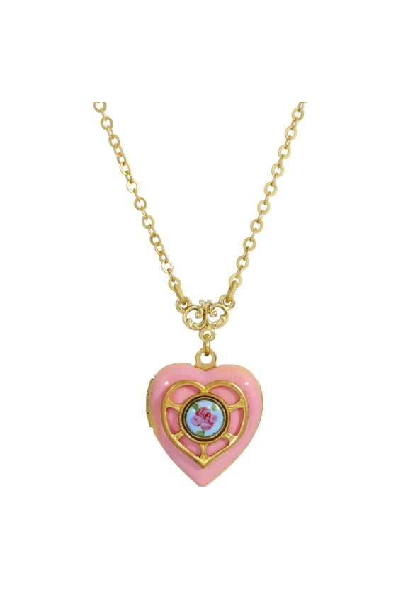 1928 Jewelry Pink Heart Picture Locket Pink Rose Pendant Necklace For Women 16" + 3" Extender