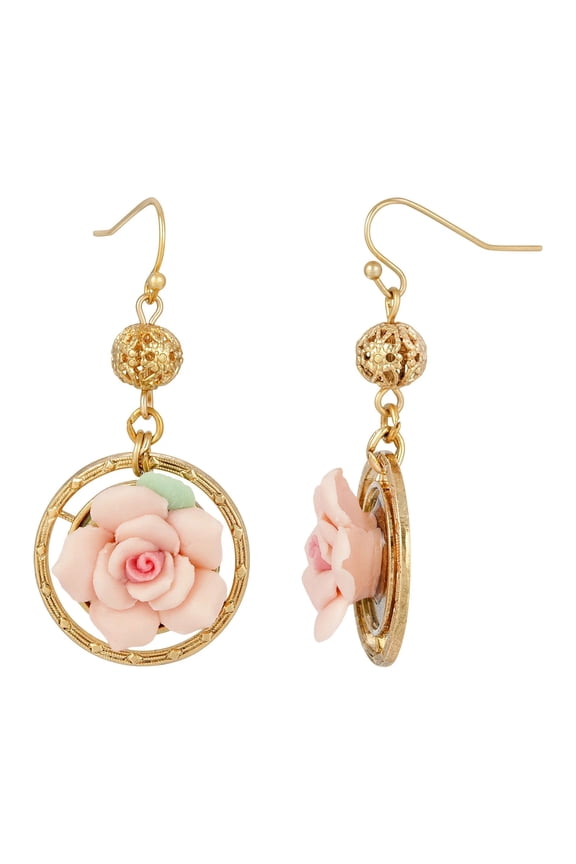 1928 Jewelry Pink Porcelain Rose Filigree Bead Drop Earrings