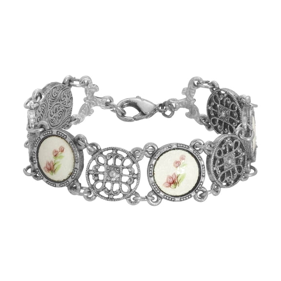 1928 Jewelry Pink White Stone Celtic Round Filigree Bracelet
