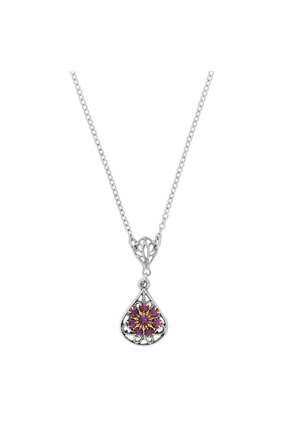 1928 Jewelry Purple Amethyst Flower Crystal Cluster Teardrop Filigree Pendant Necklace For Women 16" + 3" Extender