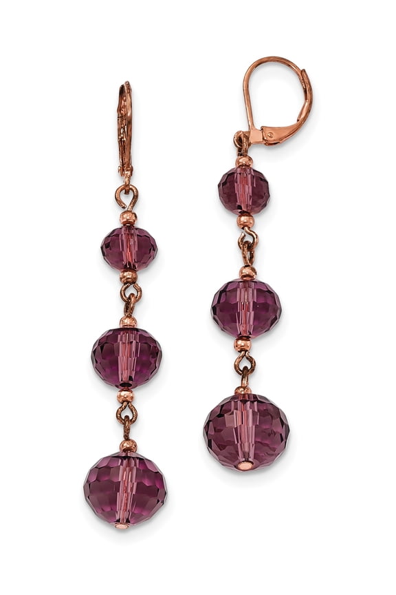 Finest Gold 1928 Jewelry Rose-Tone Graduated Faceted Purple Glass Beads Dangle Leverback Earrings
