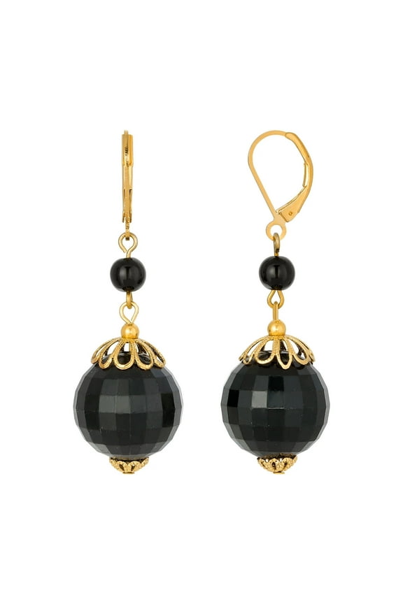1928 Jewelry Round Black Faceted Beaded Drop Earrings