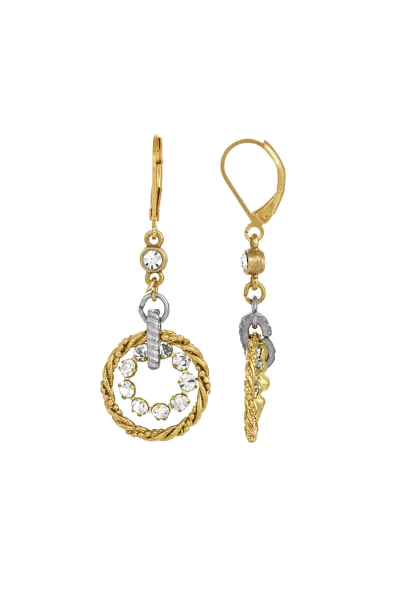 1928 Jewelry Round Crystal Rope Hoop Two Tone Drop Earrings