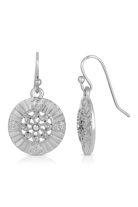1928 Jewelry Round Disk Swirly Filigree Clear Crystal Drop Earrings