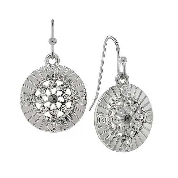 1928 Jewelry Round Disk Swirly Filigree Hematite Crystal Drop Earrings