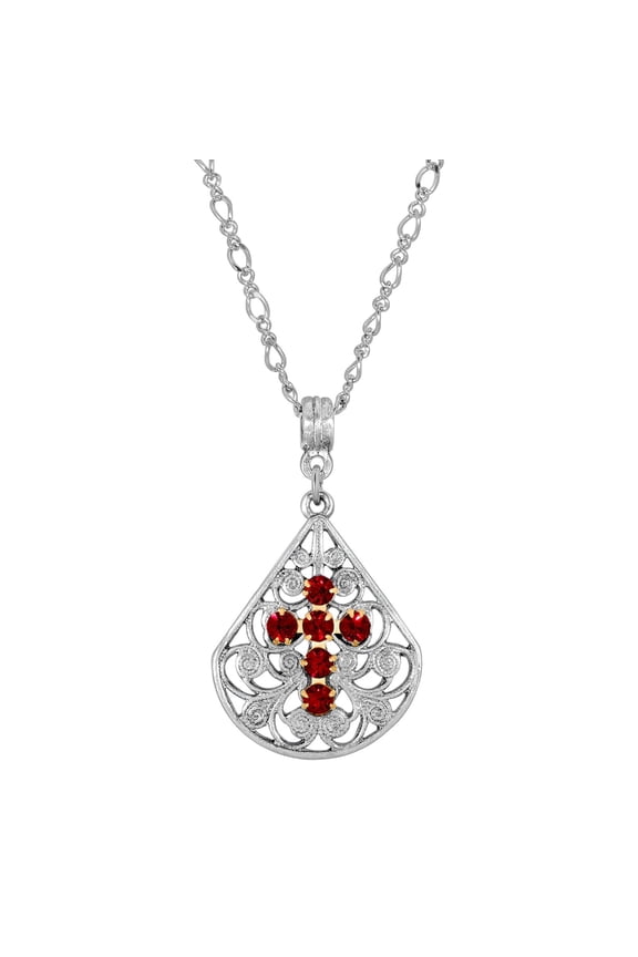 1928 Jewelry Siam Red Crystal Cross Fan Filigree Teardrop Pendant Necklace For Women 16" + 3" Extender