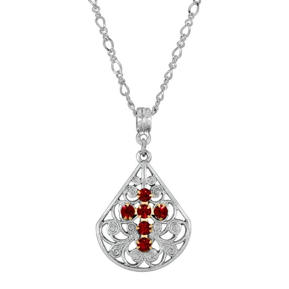 1928 Jewelry Siam Red Crystal Cross Fan Filigree Teardrop Pendant Necklace For Women 16" + 3" Extender