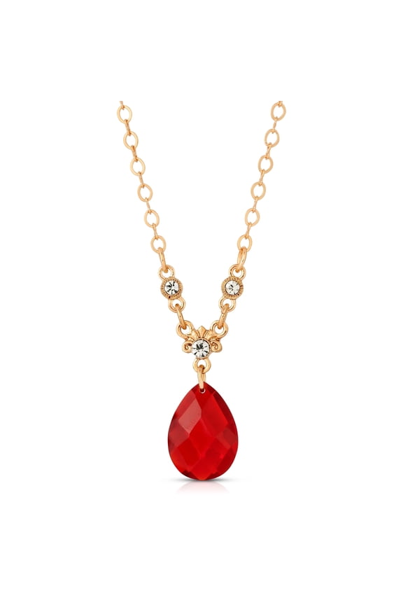1928 Jewelry Siam Red Teardrop Stone Pendant Necklace For Women 16" + 3" Extender