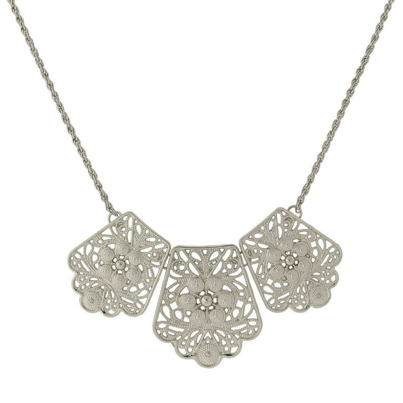 1928 Jewelry Silver Floral Filigree Bib Necklace For Women 16" + 3" Extender