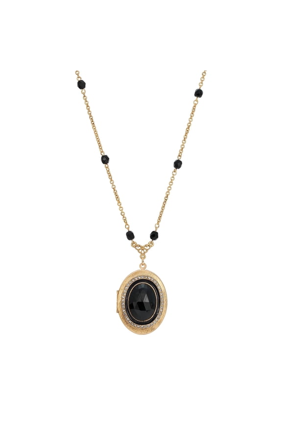 1928 Jewelry Soire Jet Black Oval Stone Locket Necklace 30"