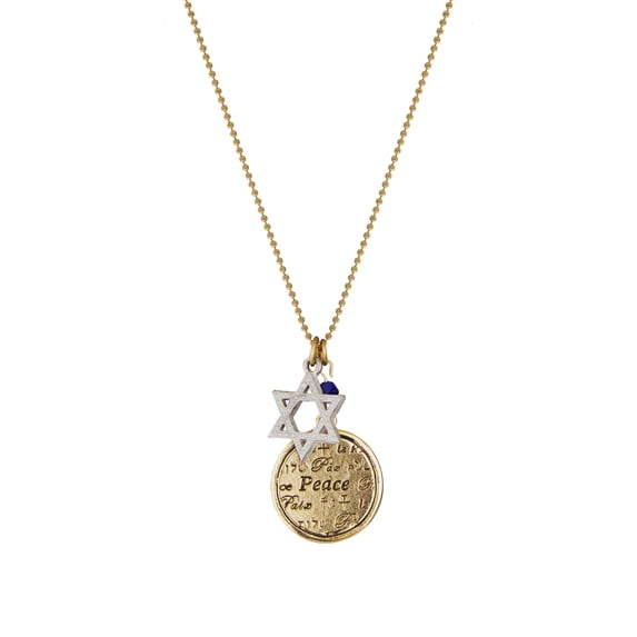 1928 Jewelry Star Of David Blue Bead Multilingual Peace Pendant Necklace For Women 16"