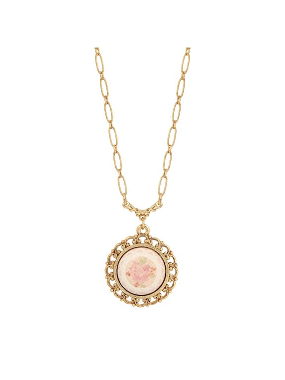 1928 Jewelry Stitch Pattern Pink Rose Pendant Necklace For Women 18"