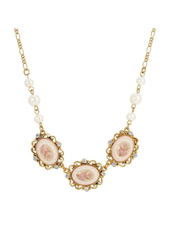 1928 Jewelry Stitch Pattern Triple Pink Porcelain Rose Faux Pearl Collar Necklace For Women 16" + 3" Extender