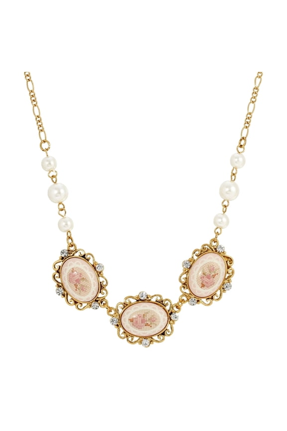 1928 Jewelry Stitch Pattern Triple Pink Porcelain Rose Faux Pearl Collar Necklace For Women 16" + 3" Extender