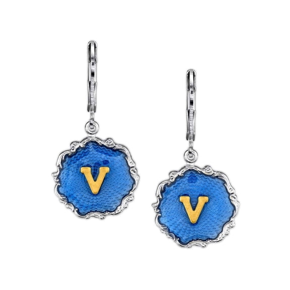 1928 Jewelry Sunburst Sapphire Blue Enamel Gold Tone V Initial Earrings
