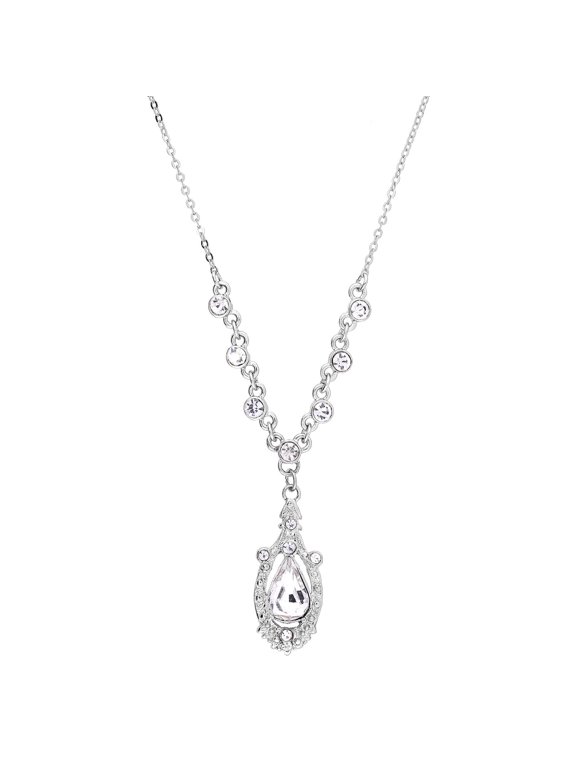 1928 Jewelry Suspended Crystal Teardrop Adjustable Y-Shape Necklace For Women 16" + 3" Extender (Silver)