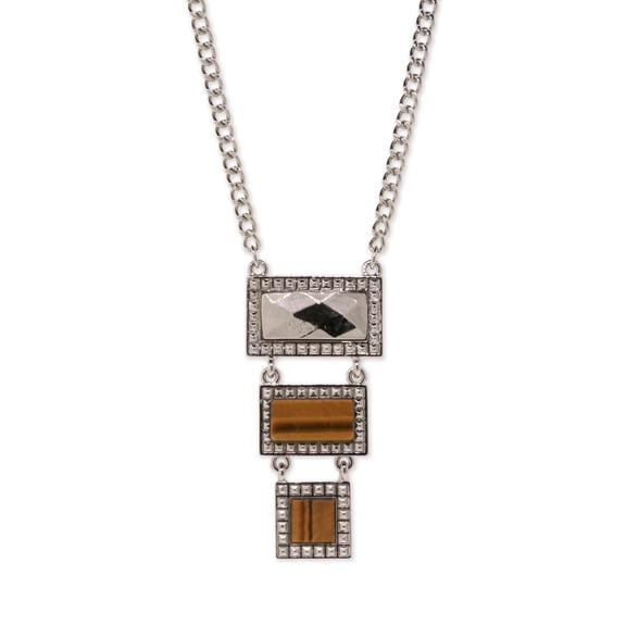 1928 Jewelry Tiger Eye Gemstone Rectangle Square Drop Pendant Necklace For Women 16" + 3" Extender