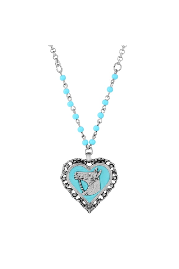 1928 Jewelry Turquoise Beaded Rolo Chain Filigree Heart Horse Pendant Necklace For Women 18"