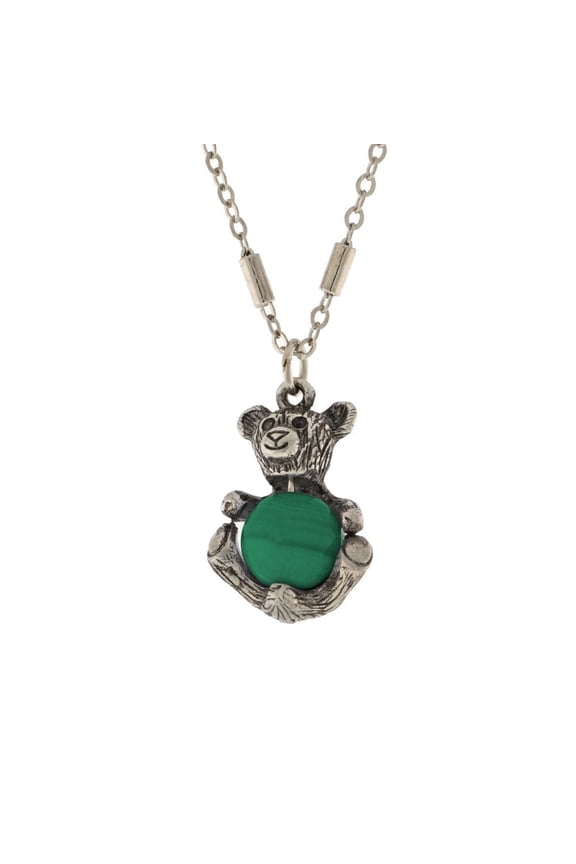 1928 Jewelry Women'S Pewter Round Gemstone Green Malachite Teddy Bear 16 Inch Pendant Necklace, Green, One Size