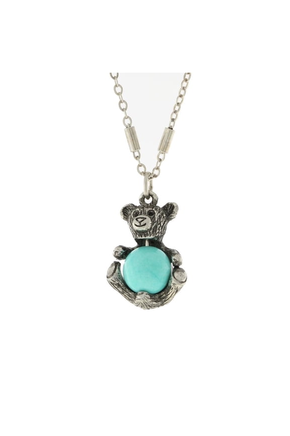 1928 Jewelry Women'S Pewter Round Gemstone Howlite Dyed Turquoise Teddy Bear 16 Inch Pendant Necklace, Blue, One Size