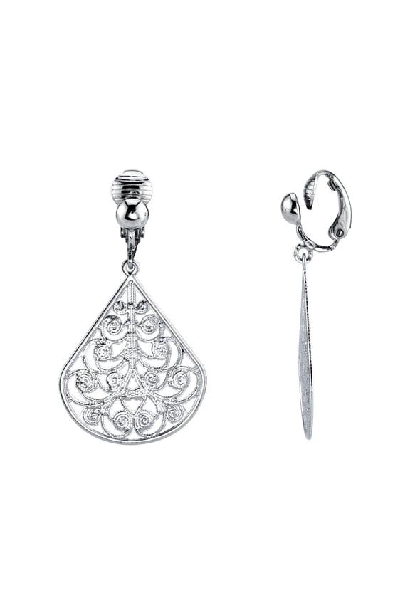 1928 Jewelry Women'S Silver Tone Filigree Pearshaped Clip On Earrings, Silver