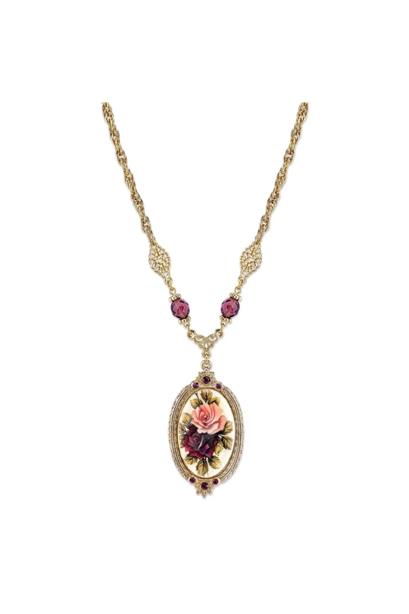 1928 Jewelry Women's 14K Gold Dipped Manor House Rose Pendant Amethyst Crystal Pendant Necklace 16" + 3" Extender