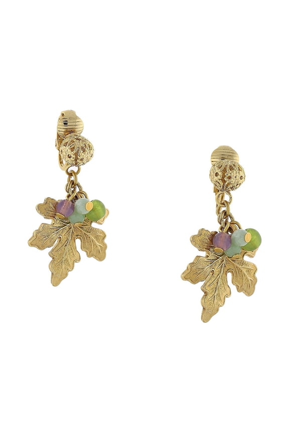 1928 Jewelry Women's 14K Gold Dipped Multi-Color Beaded Grape Leaf Clip On Earrings