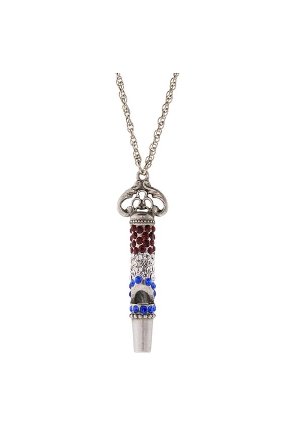 1928 Jewelry Women's Antiqued Matte Silver Functional European Red White & Blue Pave Crystal Pendant Whistle Necklace 30"