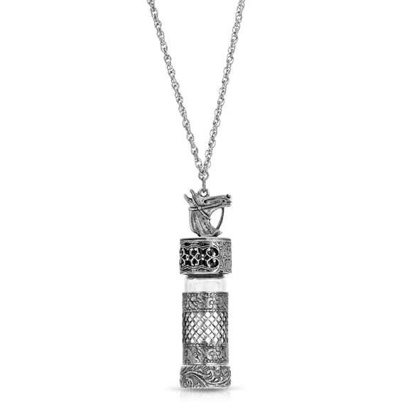 1928 Jewelry Women's Antiqued Pewter Horse Filigree 3.69 Ml Glass Vial Pendant Necklace, 30 Inches