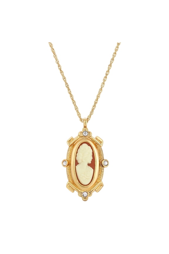1928 Jewelry Women's Art Deco Style Oval Carnelian Cameo And Crystal Pendant Necklace 18 Inch