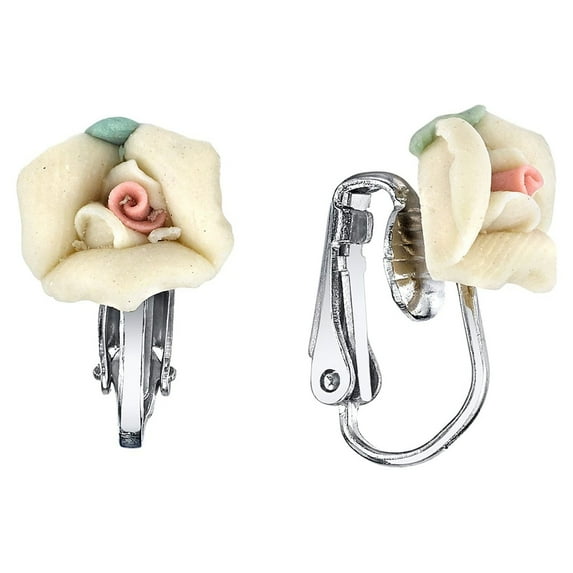 1928 Jewelry Women's Bridal White Porcelain Rose Clip On Earrings