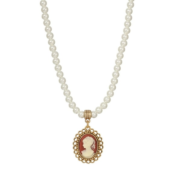 1928 Jewelry Women's Carnelian Red Cameo Pendant 8mm Faux Pearl Strand Necklace Necklace 15" + 3" Extension